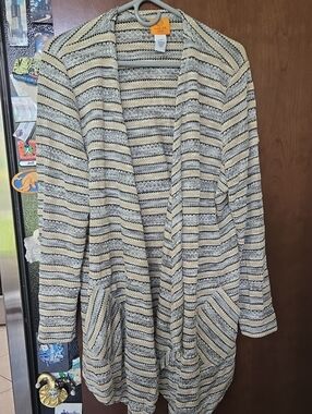 Ruby Rd. Open-Front Striped Cardigan in Cream & Gray